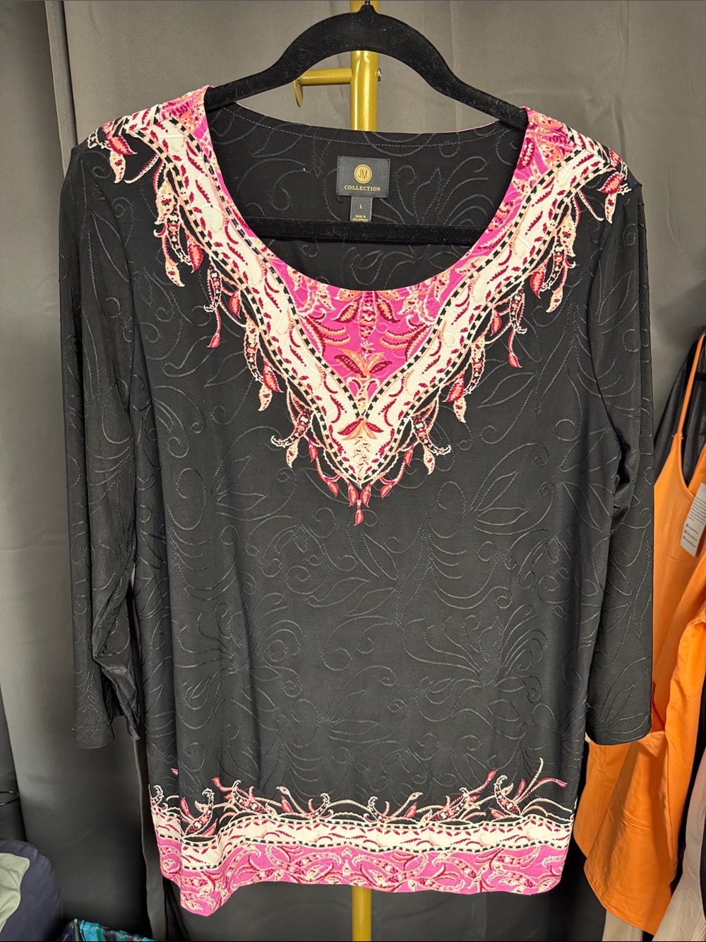 JM Collection Black & Pink Embroidered V-Neck Tunic Top